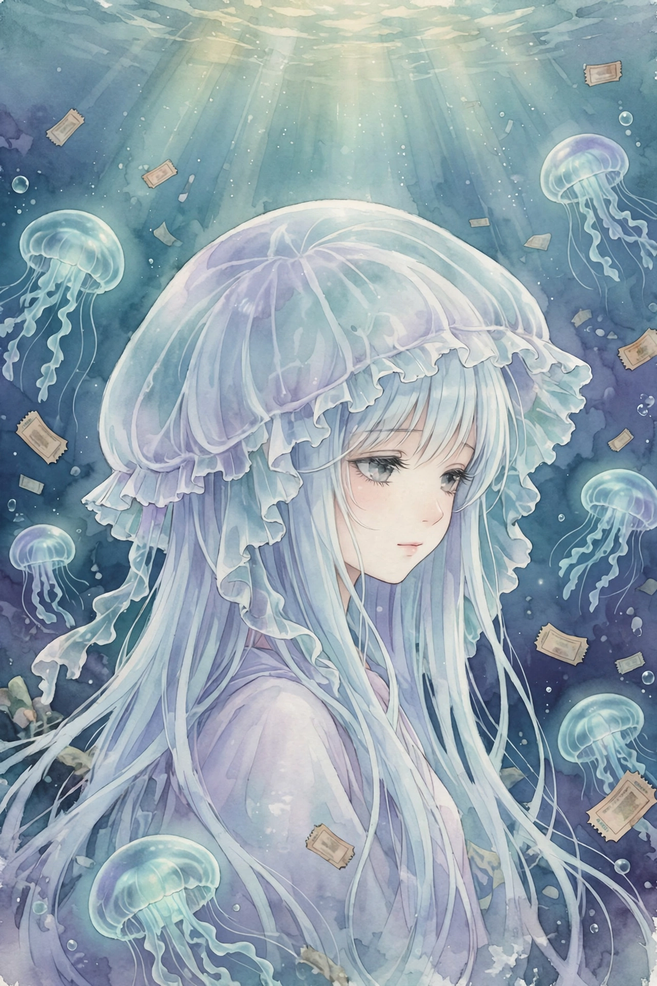 絮雨同人风格插画：水母兜帽少女与深海票根